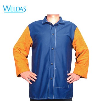 電焊服|WELDAS金黃色皮袖藍色阻燃布...
